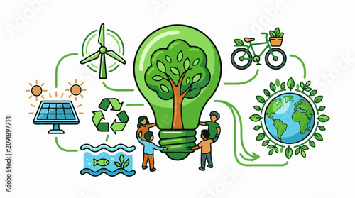 People collaborate to foster a green future with renewable energy and nature