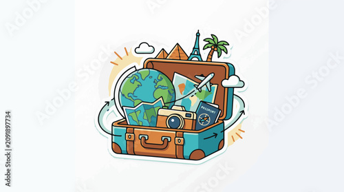 Open suitcase packed with travel essentials globe map camera passport airplane