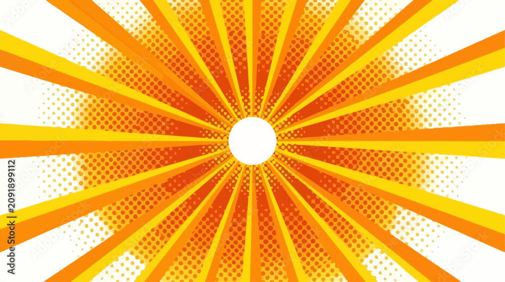 Fototapeta premium Vibrant yellow comic sunburst background featuring radial halftone dots and retro pop art style rays for dynamic graphic design poster element with bright explosion light effect illustration