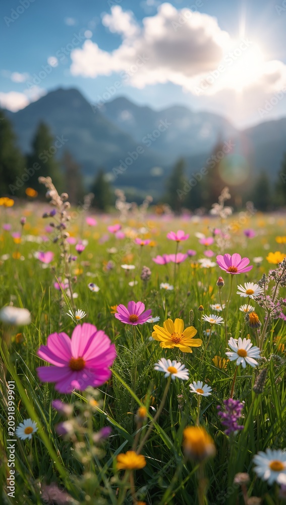 Fototapeta premium Colorful wildflowers blooming in a sunlit alpine meadow with majestic mountains in the background, creating a peaceful summer landscape filled with natural beauty.