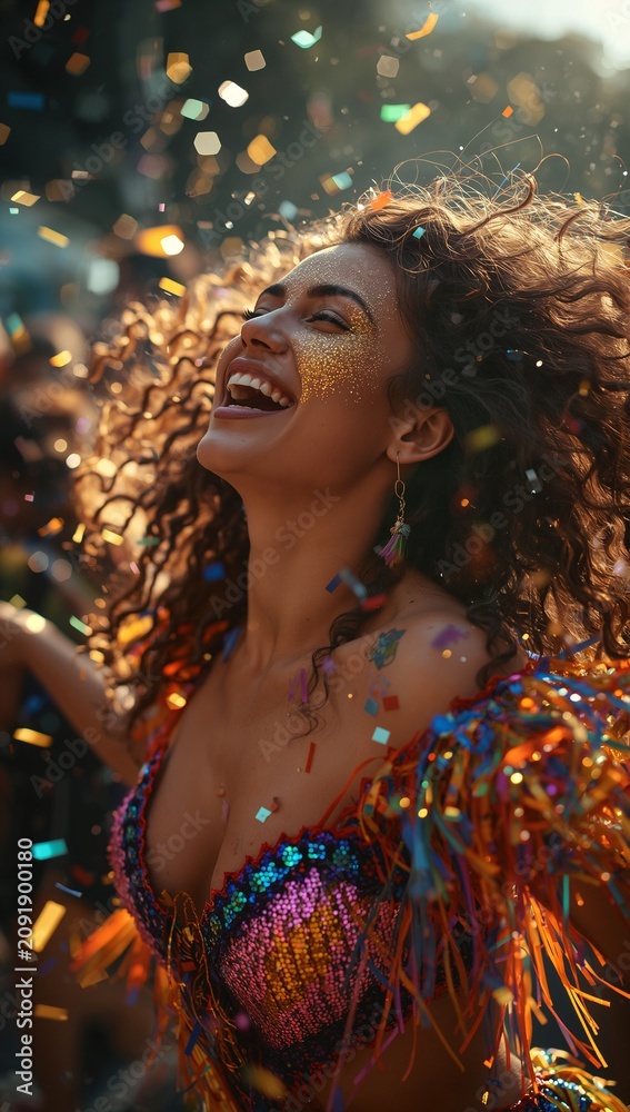 Fototapeta premium Joyful woman dancing beneath colorful confetti at a vibrant outdoor festival, celebrating music, freedom, and unforgettable summer moments.