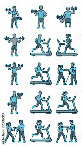 Fitness icons depict diverse men and women engaging in various gym exercises, weightlifting routines, and treadmill cardio sessions on a clean white background.