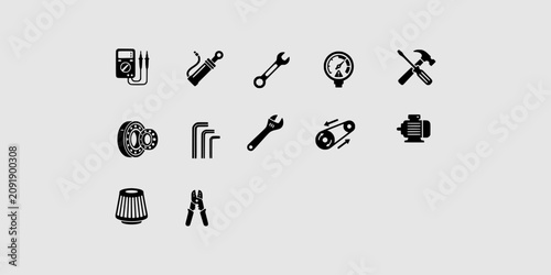 Quadro su tela Icon set collection of professional engineering maintenance tools, industrial machinery components, diagnostic equipment, and mechanical repair hardware utility icons