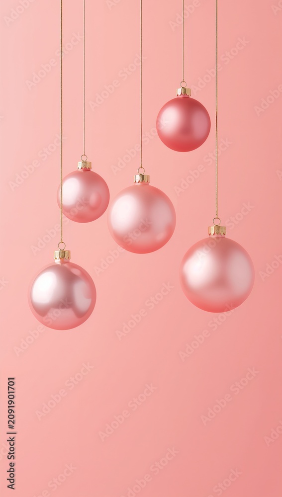 Fototapeta premium Elegant pink Christmas baubles hanging against a soft pastel background with a festive minimalist holiday design.