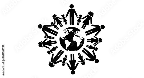 Foto Black silhouette of people around the world holding hands.