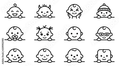 Cartoon baby face line icons.