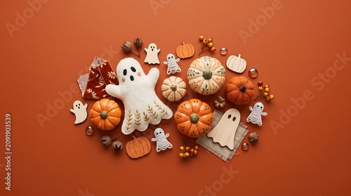 Flat lay composition of halloween decorations featuring miniature pumpkins and cute ghost figures arranged on a solid terracotta background for seasonal autumnal celebration with decorative fall items
