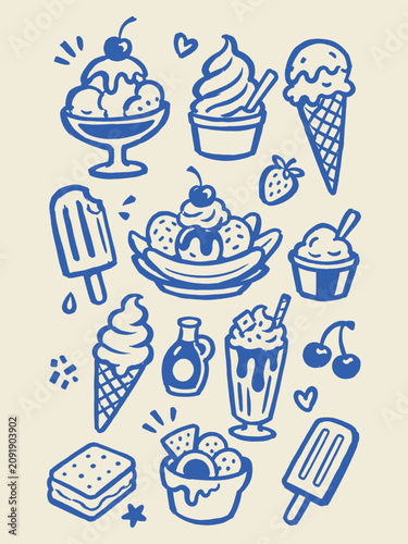 Ice Cream Dessert Set Naive Doodle Vector Illustration