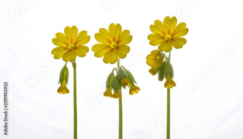 Three Yellow Cowslip Flowers Standing Against White Background