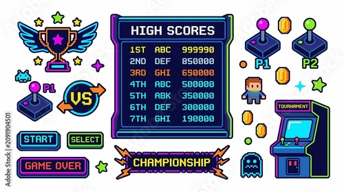Pixel art arcade icons set features high score screens, vintage game controllers, and golden trophies arranged on a clean white background to evoke a nostalgic gaming aesthetic.