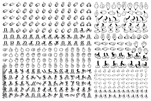 Retro cartoon legs and hands, Hands with gloves and feet with boots, various poses for characters, a set of poses, gestures, placement of hands and feet. Mascot character set.