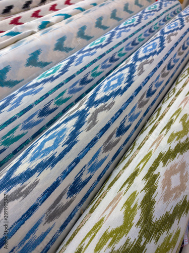 typical fabrics of Mallorca (´Roba de llengües´), for sale in the urban market of Llucmajor, Majorca, Balearic Islands, Spain