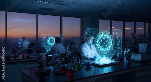 Scientist in Lab Coat Examining Glowing Blue Virus Structure in Modern Laboratory at Dusk