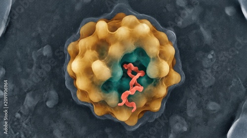 Lysozyme amber globular protein measuring four nanometers, featuring teal active site cleft containing coral red peptidoglycan substrate, color enhanced electron microscopy scan.
