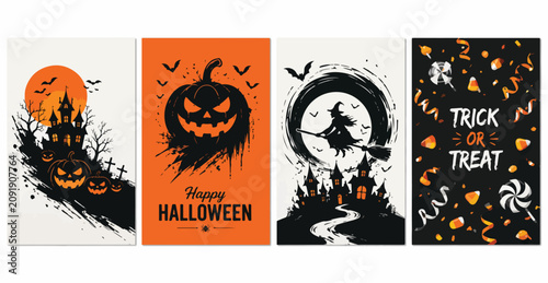 Photos Halloween greeting card set with spooky pumpkin and haunted house, trick or trea