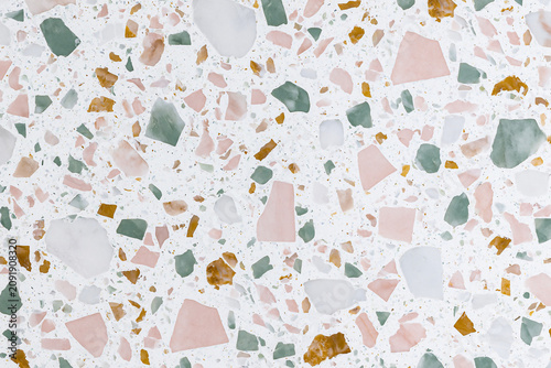 Elegant white terrazzo flooring background with colorful marble chips texture