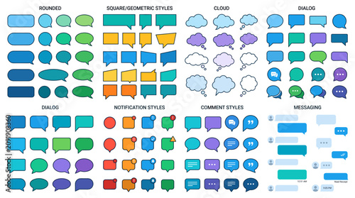 Colorful speech bubbles and messaging interface dialog box elements