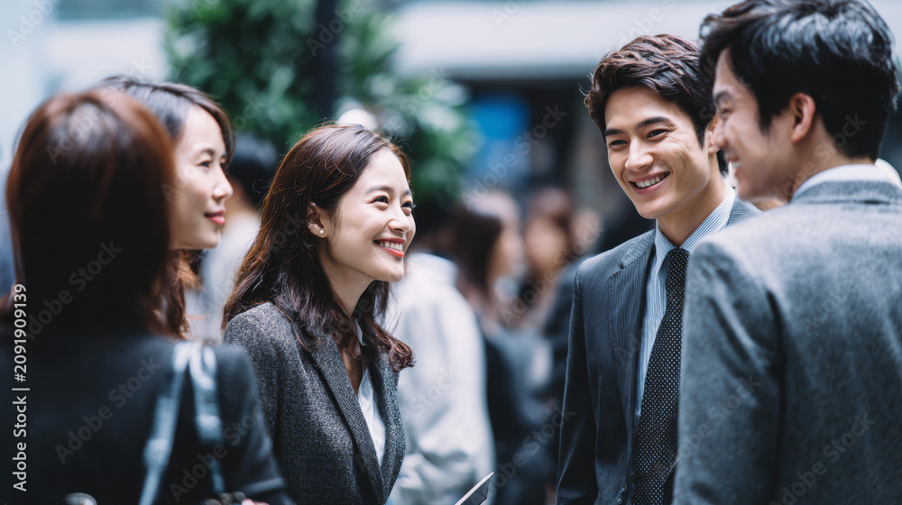 Fototapeta premium Diverse group of young professionals in business attire engaging in a lively discussion outdoors.