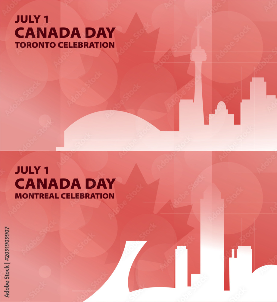 Obraz premium Festive Canada Day celebration banners with iconic skylines of Toronto, Montreal. Graphic designs pack with maple leaf flag elements, cityscapes for July 1st holiday promos, social media, prints
