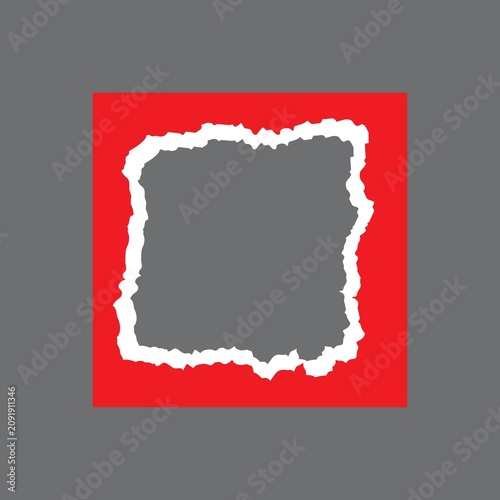 Rough-edged square cutout on red background isolated on white background