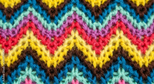 Colorful chevron knit fabric texture, handmade zigzag pattern, textile background