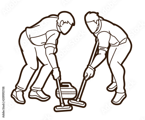 Curling Sport Male Players Action Cartoon Graphic Vector