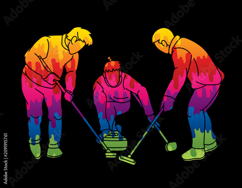 Curling Sport Male Players Action Cartoon Colorful Graphic Vector