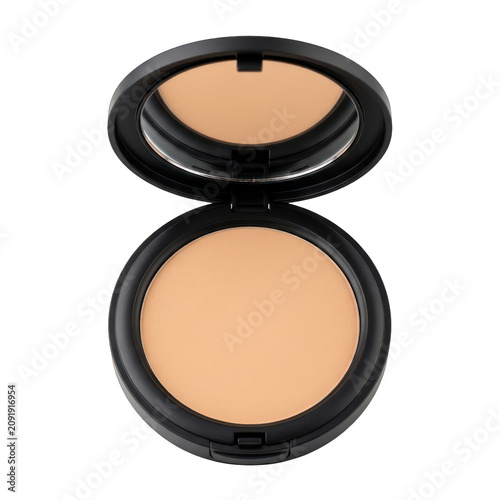 Compact powder makeup with mirror in open black case.