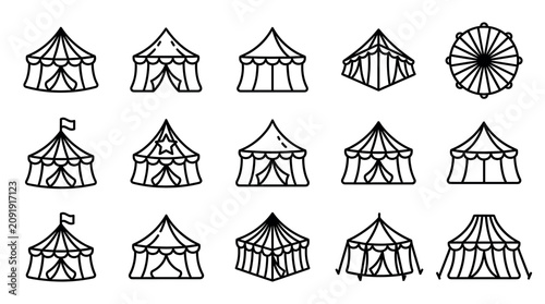 Collection of various black outline circus tent icons and one Ferris wheel icon on a clean white background