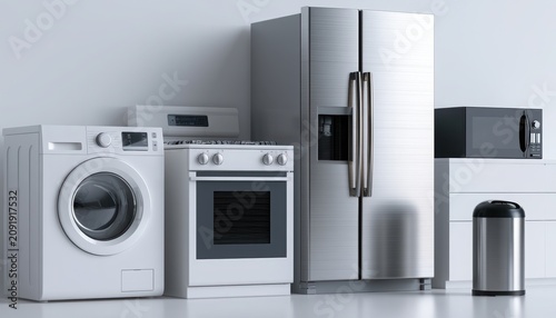 Modern Kitchen Appliances Collection with Refrigerator Oven Stove Microwave and Household Electric Equipment Isolated on White Background