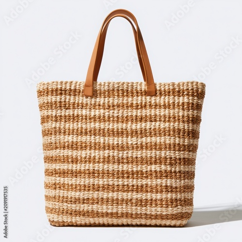 Empty Handmade Wicker Basket with Handle Isolated on White Background Rustic Woven Straw Shopping Picnic Storage Container Closeup