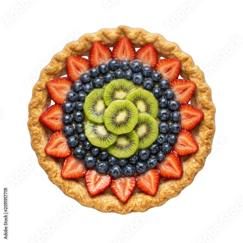 Delicious homemade fruit tart with fresh strawberries blueberries and kiwi slices.