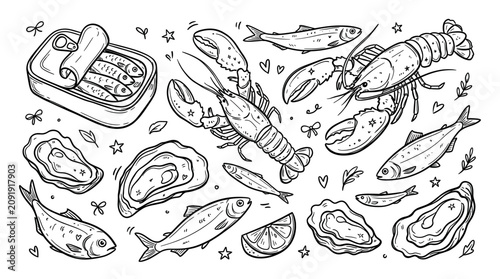 Hand-drawn black and white seafood collection featuring lobsters, oysters, fish, and sardines in a can, scattered on a clean white background