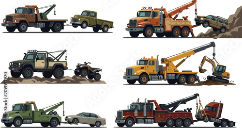 Foto Set of earth tone towing vehicles and recovery trucks for emergency roadside ass