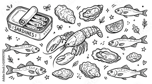 Detailed hand-drawn black and white illustration of various seafood elements including a lobster, sardines, fish, and oysters, scattered on a white background