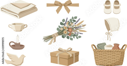 Photos Set of earth toned christening icons featuring baby clothes, floral bouquet, gif