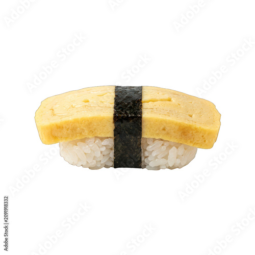 Delicious Tamago Nigiri Sushi with Sweet Egg Omelet and Rice.