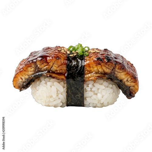 Delicious Unagi Nigiri Sushi with Grilled Eel and Sesame Seeds.