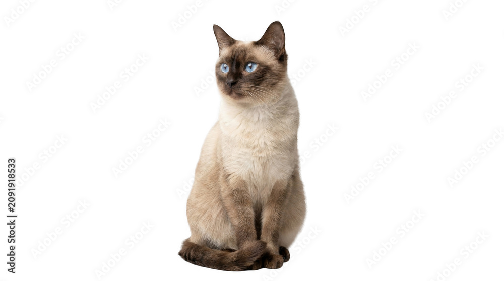 Obraz premium Isolated Siamese cat with blue eyes looking directly forward, sitting upright indoors