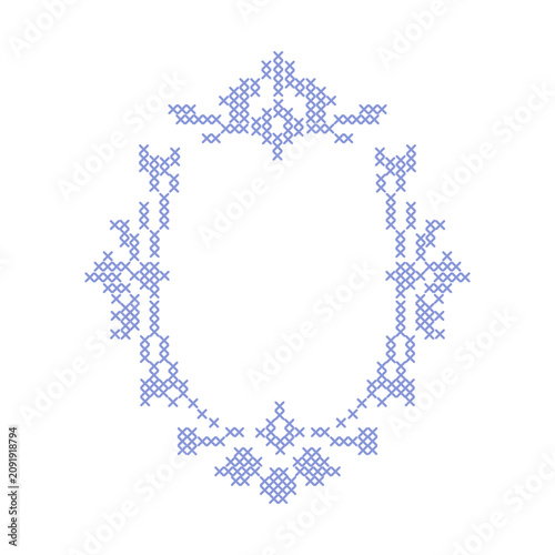 Ornate cross-stitch oval frame border isolated on white background. A geometric pixelated embroidery wreath pattern for monograms, sampler designs, and traditional needlework crafts.