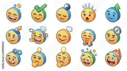 Billede på lærred Colorful cartoon emoji faces with various expressions.