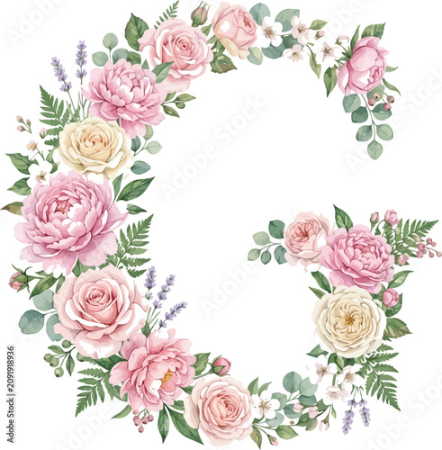 Decorative letter g made of pink roses and green leaves floral arrangement