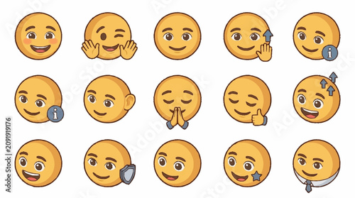 Принти на полотні Collection of diverse yellow emoji faces expressing emotions.