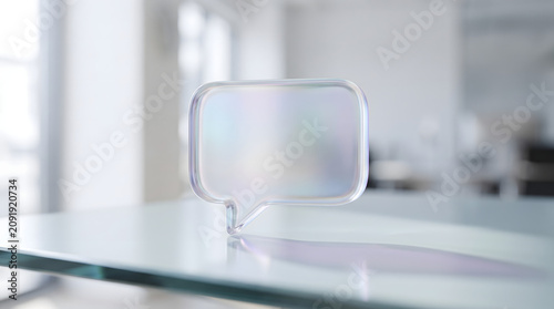 Clear Glass Speech Bubble Symbol on Desk for Communication and Ideas