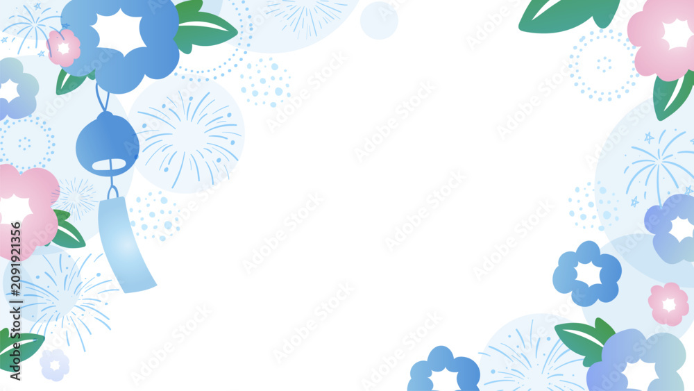 Fototapeta premium Japanese summer festival background vector. Blue and pink morning glory flowers, wind chime and fireworks frame with copy space. Design for greeting card, banner and poster.