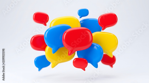 Group of Floating Speech Bubbles in Red Blue and Yellow Communicating Ideas