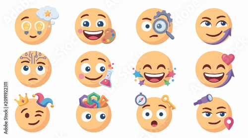 Tableau sur toile Colorful Emoji Faces Expressing Various Emotions and Activities.