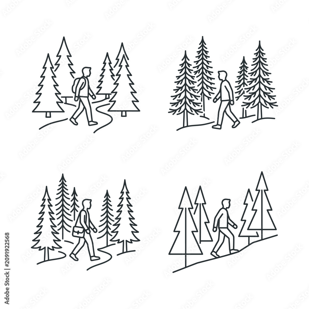 Obraz premium Hikers in Pine Forest - Line Art Icons Set
