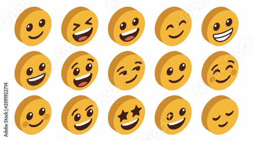 Vászonkép Collection of cheerful yellow emoji faces with expressions.