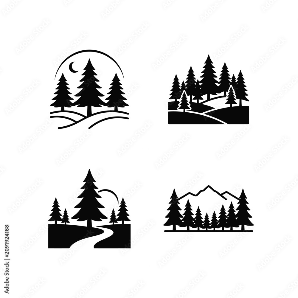 Obraz premium Vector Forest and Mountain Landscapes: Pine Trees, Moon, Hills, and Path